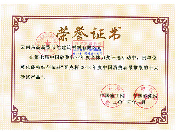 瓦克杯榮譽(yù)證書(shū)-易高